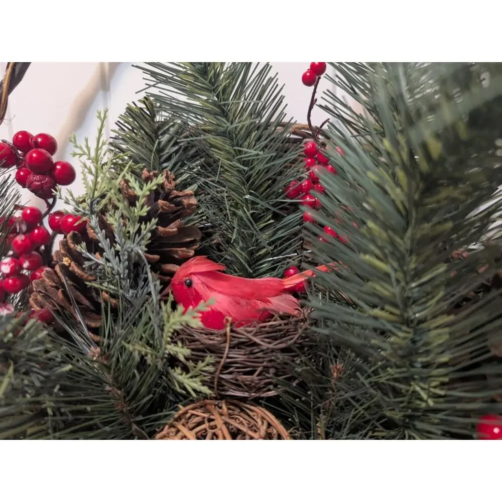Christmas Wreath Wicker Basket Red Cardinal Berries Holiday Door Wall Decor